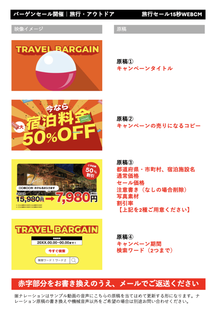 旅行バーゲン絵コンテイメージ